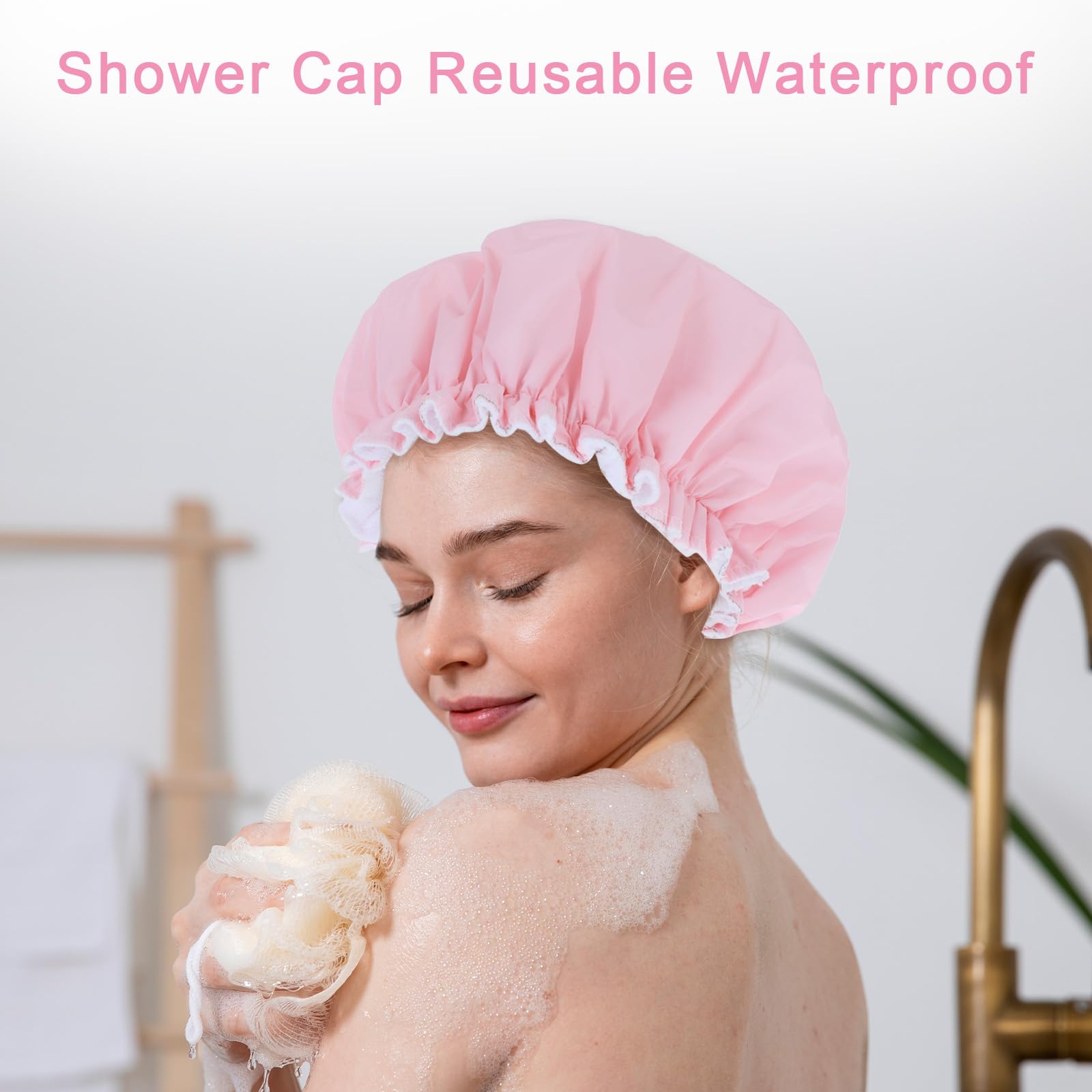 JIYIN Shower Caps for Women Terry Cloth Lined Shower Cap Double Layer Reusable Bath Cap Waterproof Elastic Band Hair Cap for All Hair Lengths for Women Spa Home Salon Use(Pink) - Image 4