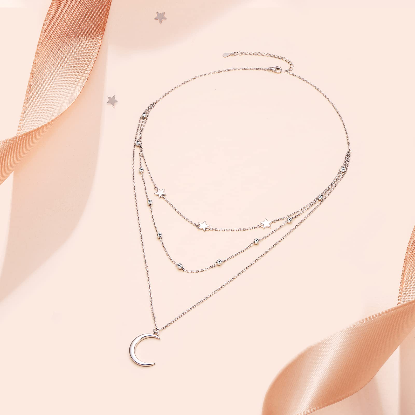 Collares de plata de ley 925 en capas, sol y luna, estrella, mal de ojo, círculo, barra, collar multicapa de triple cadena larga, colgante de clavícula en Y para mujer