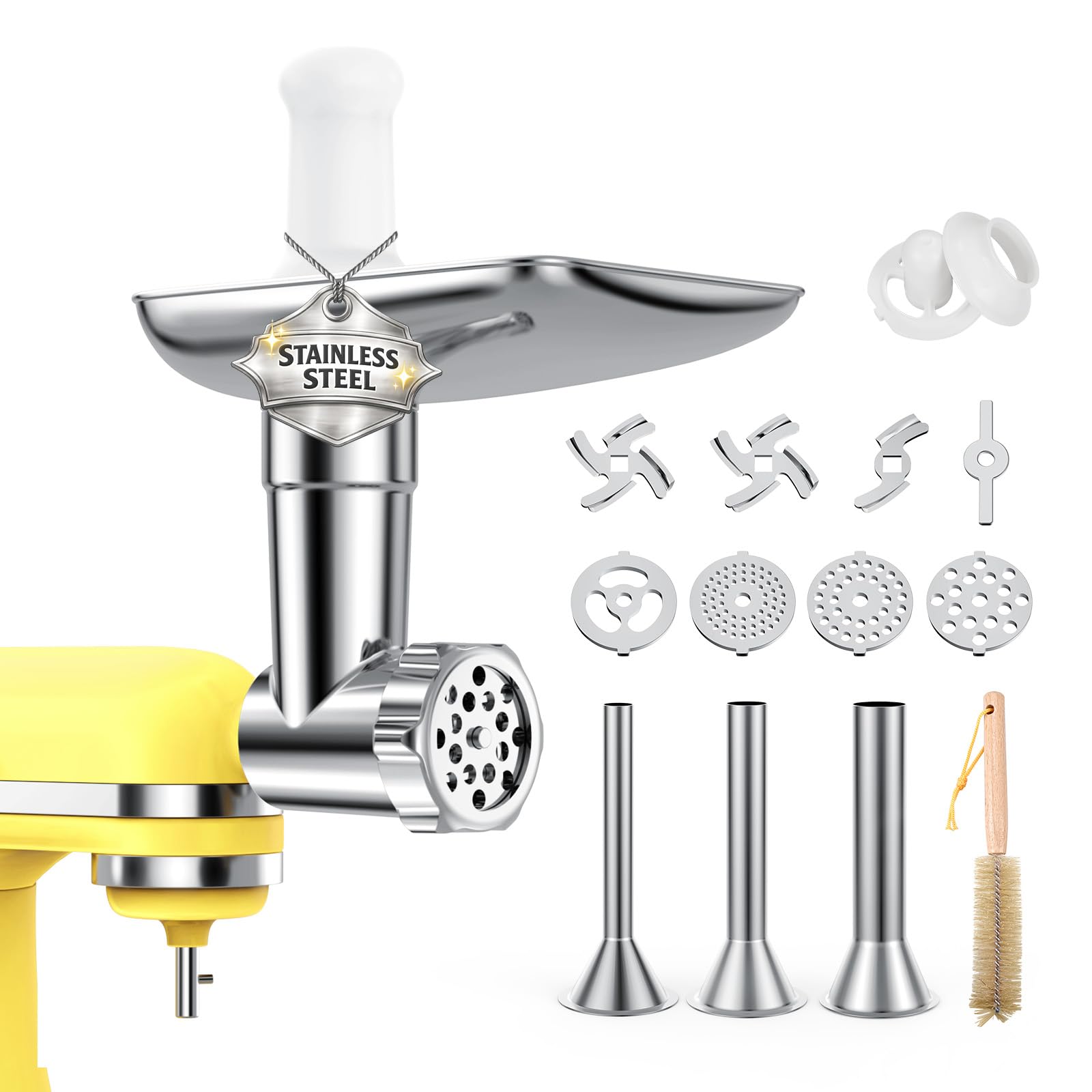Meat Grinder Attachment Stainless Steel for KitchenAid Stand Mixer – Food Grinder Attachments with 4 Grinding Plates, 3 Sausage Stuffer Tubes, 2 Grinding Blades – Dishwasher Safe – By MMOBIEL
