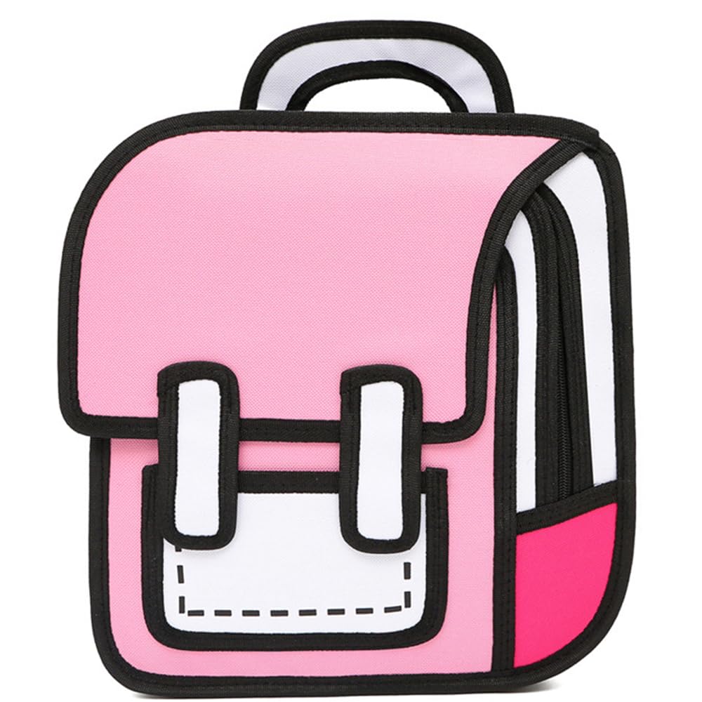 Kids Kawaii Backpack for Girls Cute Toddler 2D Cartoon Comic Paper Jump Bookbag Fun Weird School Schoolbag (Pink, Large)