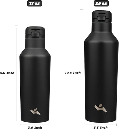 Miniatura 5 de Botella de agua aislada con popote, termo de agua de acero inoxidable de doble pared de 17 onzas con 2 tapas, color negro