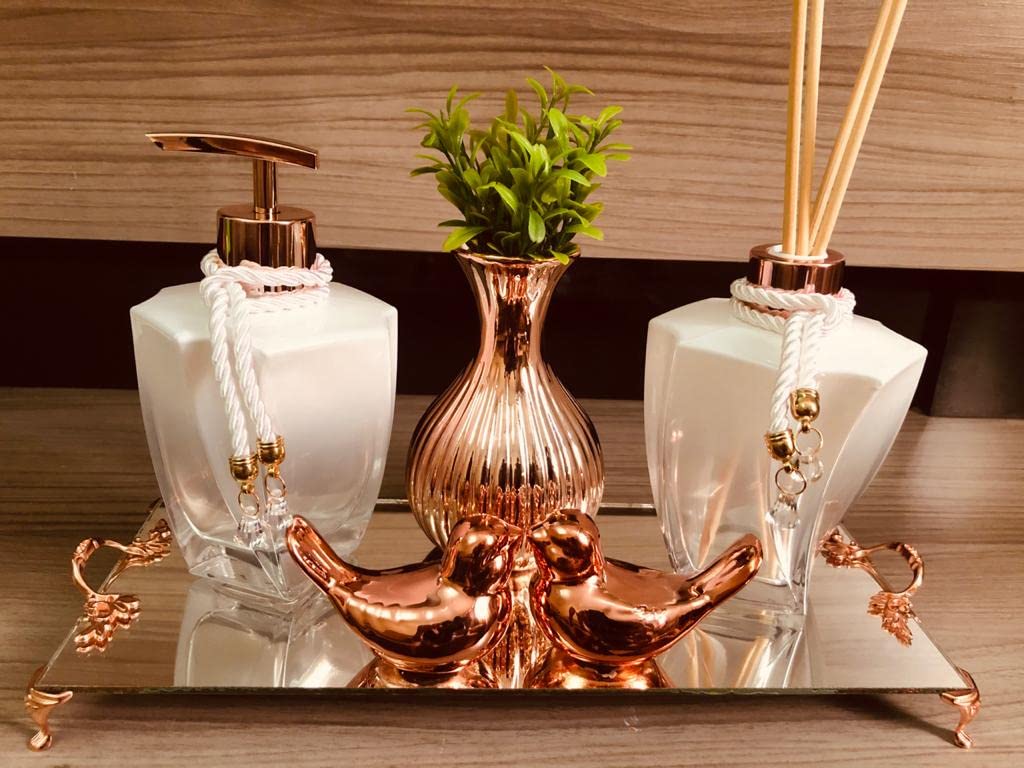 Kit Lavabo Rose Gold Branco 6 Peças Difusor Sabonete Bandeja