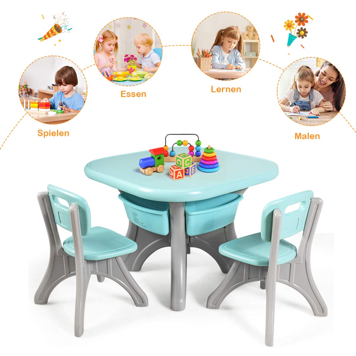 Naturelkleurige COSTWAY Kindertafel met 2 stoelen, berk