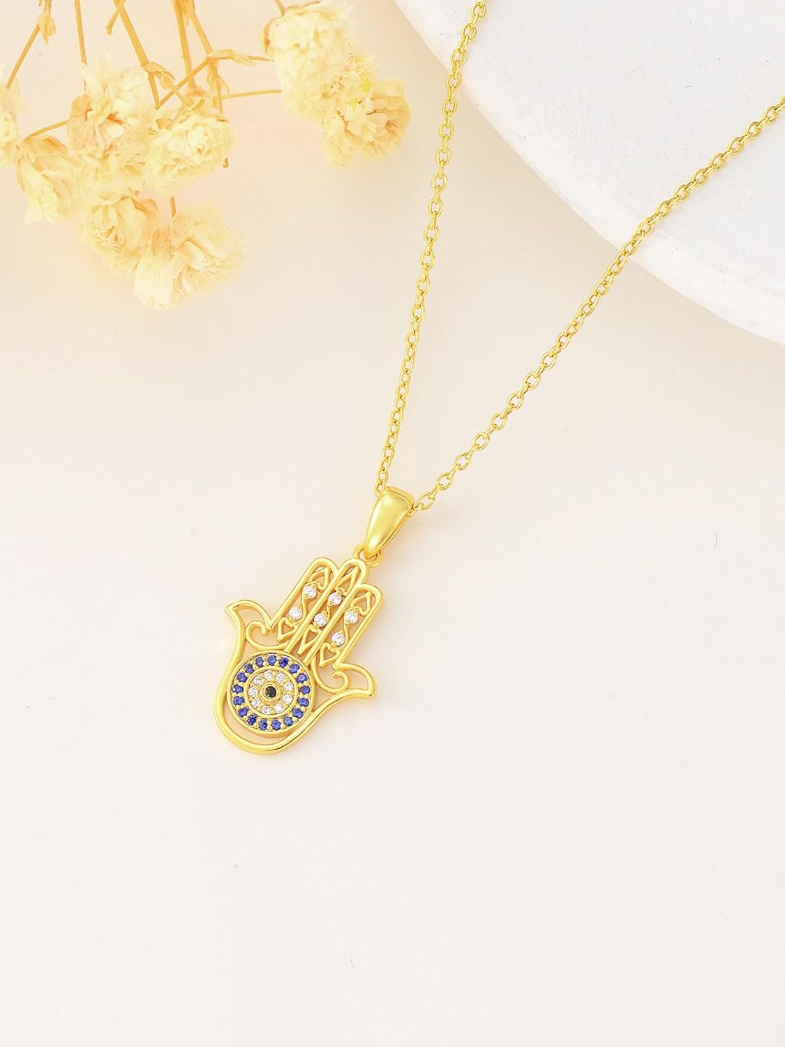 14K Gold Fatima Hamsa Hand Necklace for Women Solid Gold Evil Eye Hamsa Pendant Necklace Lucky Protection Jewelry Christmas Anniversary Birthday Gift for Women Girlfriend Mom Daughter