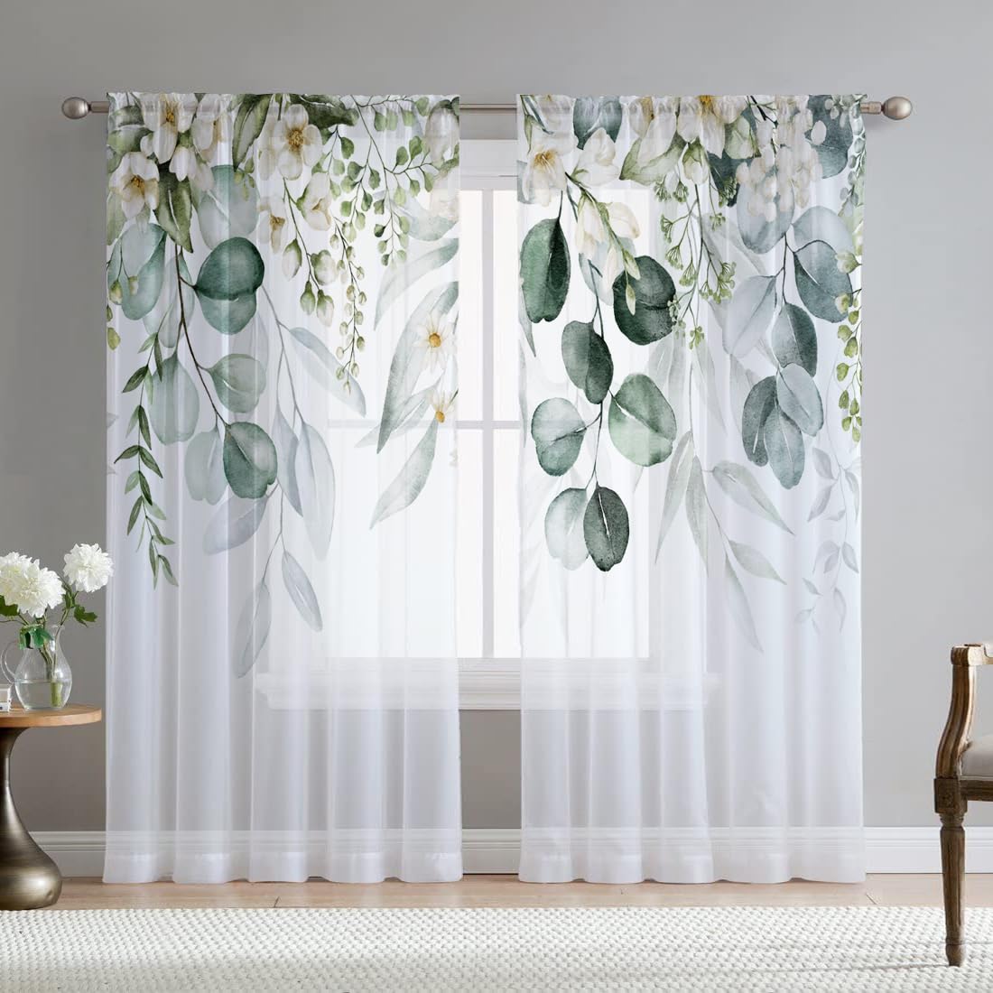 Fereyis White Flower Sheer Curtains for Living Room 84 inch Length 2 Panels Set Elegant Green Leaves Spring Printed Window Curtain Chiffon Drapes for