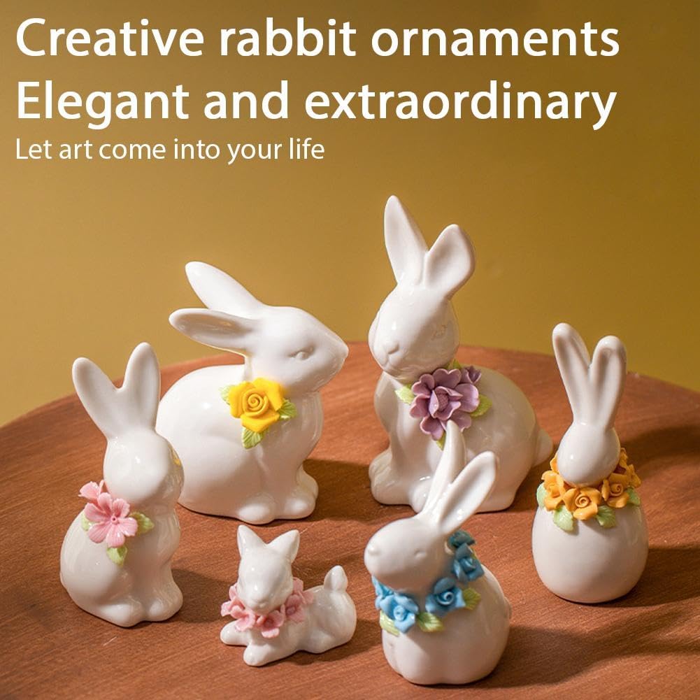 Statuetta in ceramica a forma di coniglietto bianco con fiori per primavera, Pasqua, casa, ufficio, scrivania, mensola decorativa