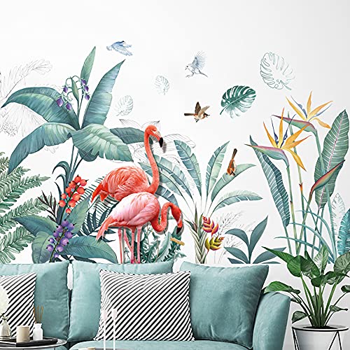 Runtoo Stickers Muraux Autocollant Flamant Rose Mural Deco Feuilles de Palmier Tropicales Plantes Stickers Salon Chambre Enfants Bébé Décoration