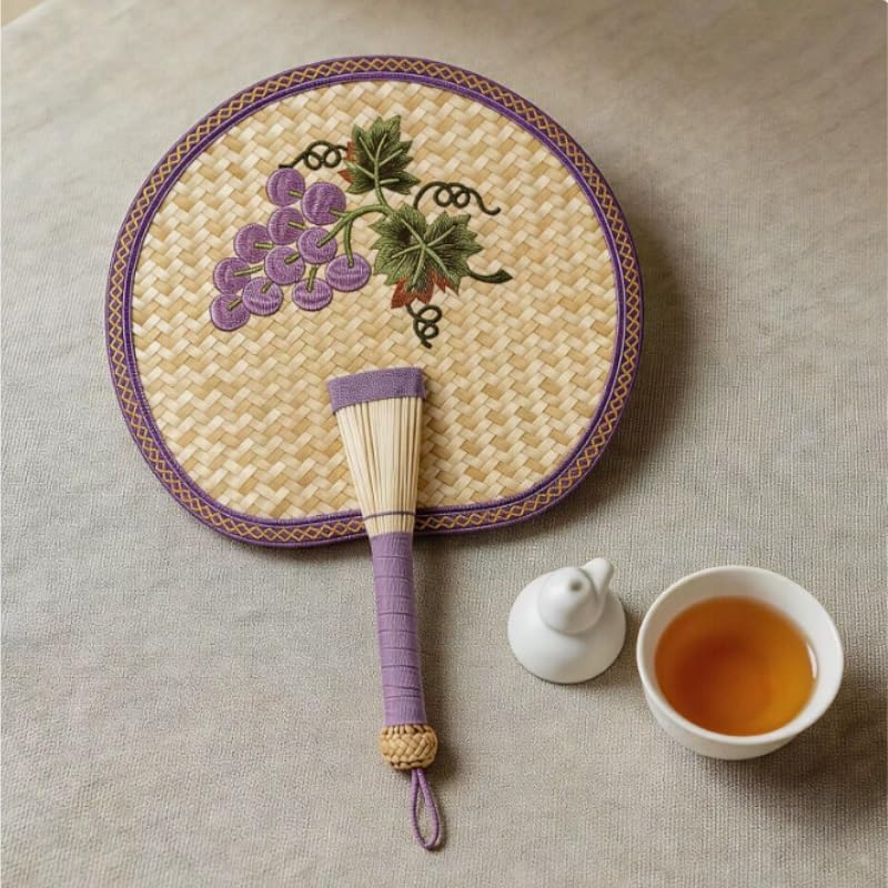 Handwoven Straw Hand Fan with Grape Embroidery Chinese Handheld for Cooling Home Decor