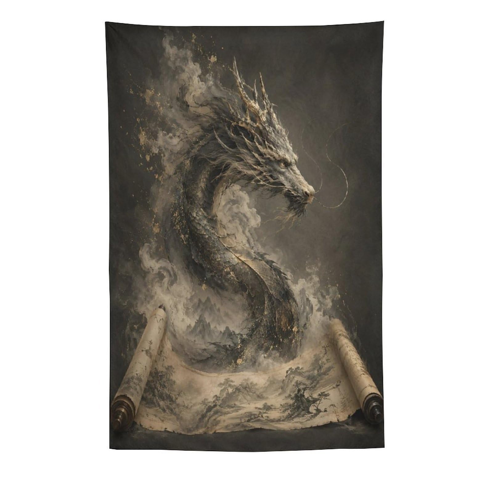 H3B8U2Y5 Dragon Emerging from Scroll Wall Tapestry, Surrealist Style