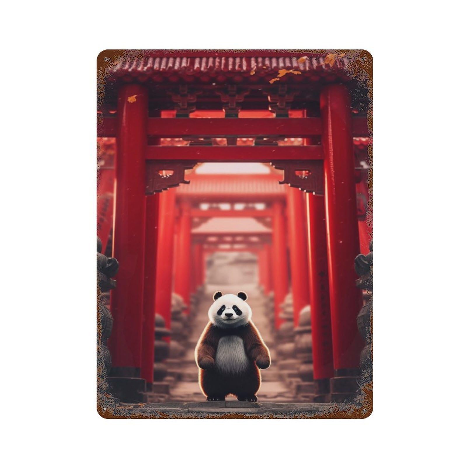 Japanese Panda Torii Gate 15.7"x11.8" Vintage Rust Metal Sign, Decorative Metal Wall Art for Living Room, Hallway And Home Decor