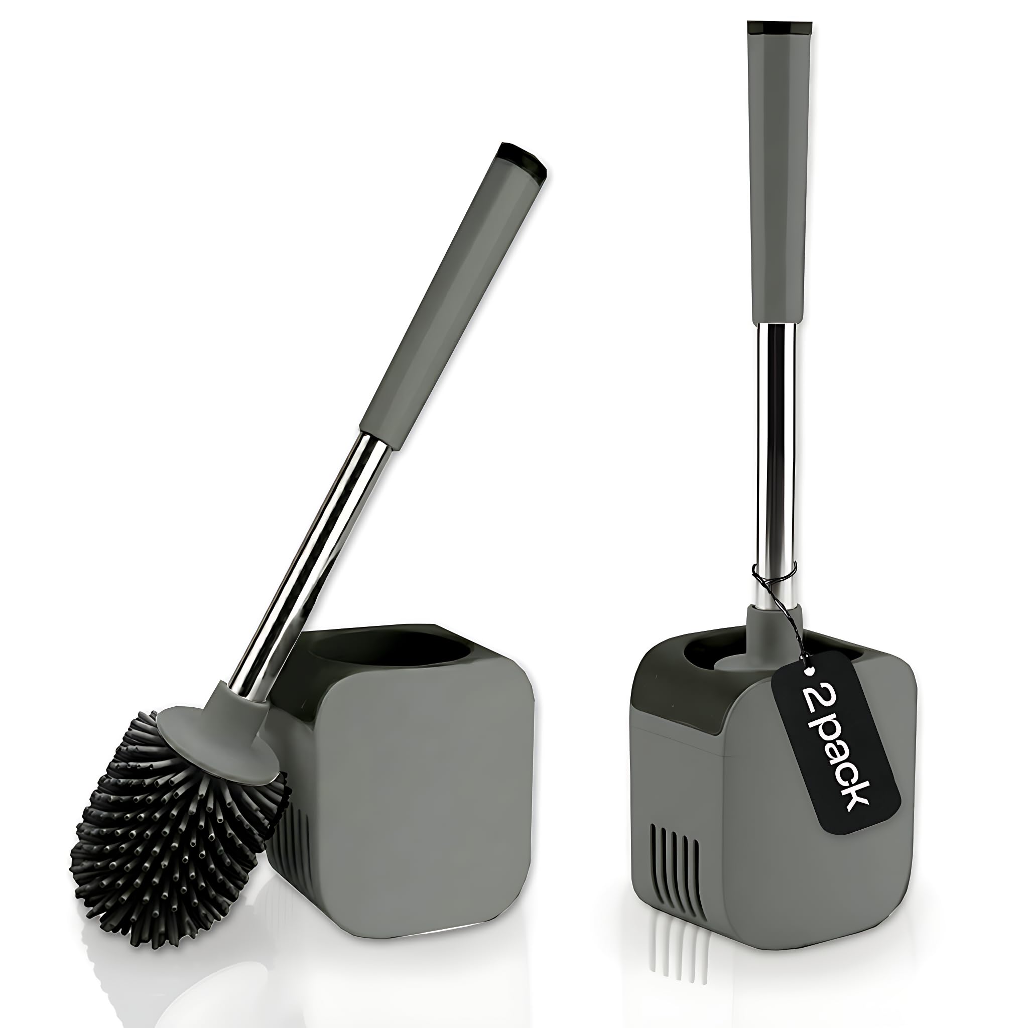 Loo Brush and Holder Set | Pack of 2 | Silicone Freestanding or Wall Mounted Toilet Brush | Hygienic TPR Bristles with Hidden Tweezers | Grey | Galatians®