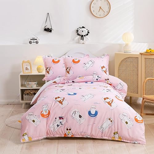 Juego de funda de edredón rosa con diseño de gato para niñas, tamaño Queen, 3 piezas, funda de edredón de microfibra suave estampada con funda de