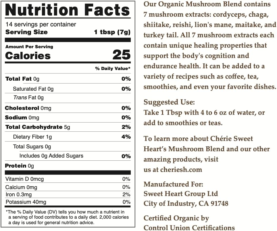 Miniatura 2 de Cherie Sweet Heart 7 - Extracto de hongos en polvo, orgánico USDA, melena de león, reishi, cordyceps, maitake, shiitake, cola de pavo, chaga, hongos