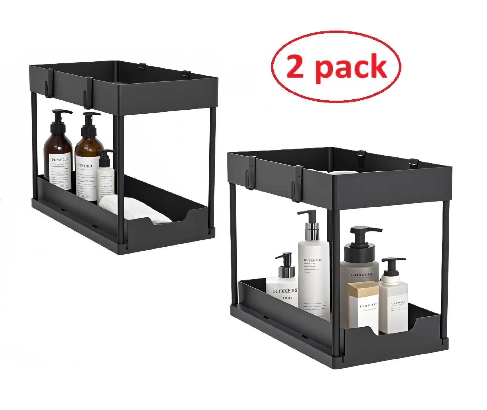 HONGHUIKJ 2 Pack 2-Tier Under-Sink Organizer Tray - Sliding Drawer Storage for Bathroom & Kitchen (Black)