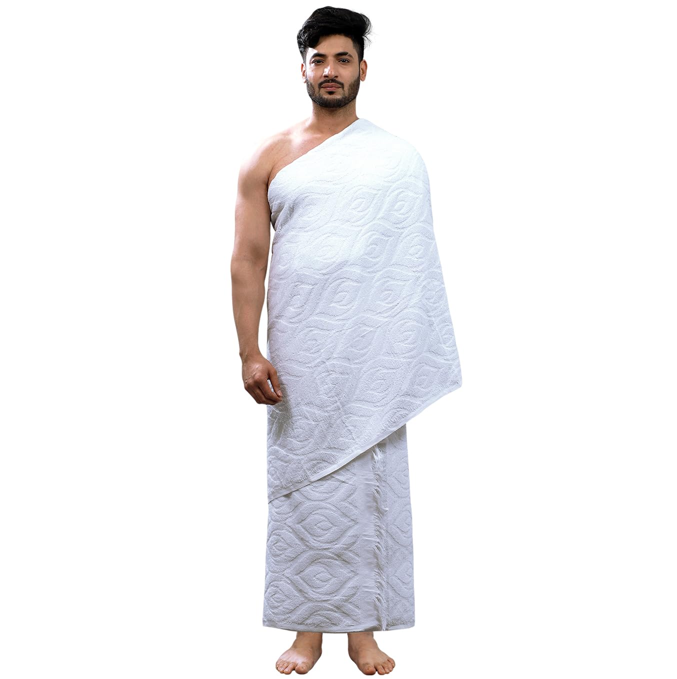 SANAAYAH Premium Peacock Feather Pattern Poly Cotton Ihram – 2-Piece Set (220x110 cm) for Hajj & Umrah – UK Lab Certified, No-See-Through, Easy Wash & Durable