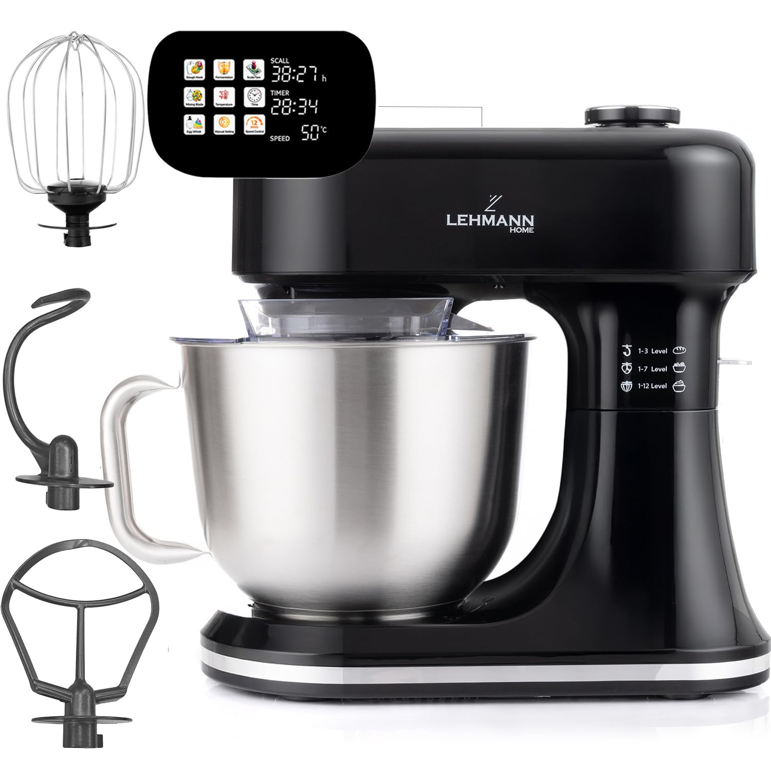 LEHMANN Impastatrice Planetaria Multifunzione con Display, Funzione di Fermentazione e Riscaldamento, Bilancia Integrata, 12 Velocità, Timer, con Ciotola 5 L, Frusta, Gancio Impastare, Mescolatore