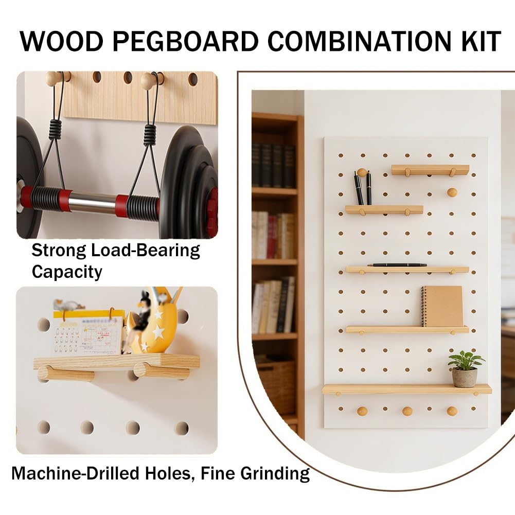 Kit de combinación de tablero de clavijas montado en la pared con estante, tablero de madera maciza de 16 mm de grosor para organización de talleres, oficina en casa, manualidades, almacenamiento