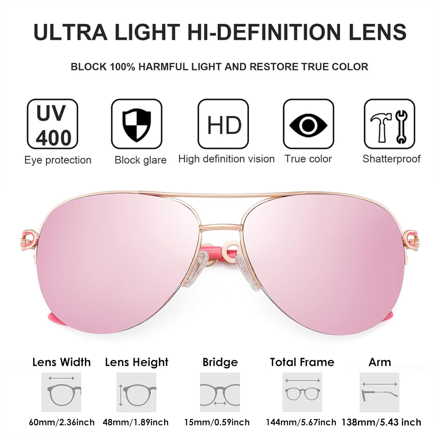 FENCHI Classic Aviator Sunglasses for Women Mirrored Lens Chain Arms Half Rim Metal Frame Sun Glasses UV 400 Protection 60mm - Image 6