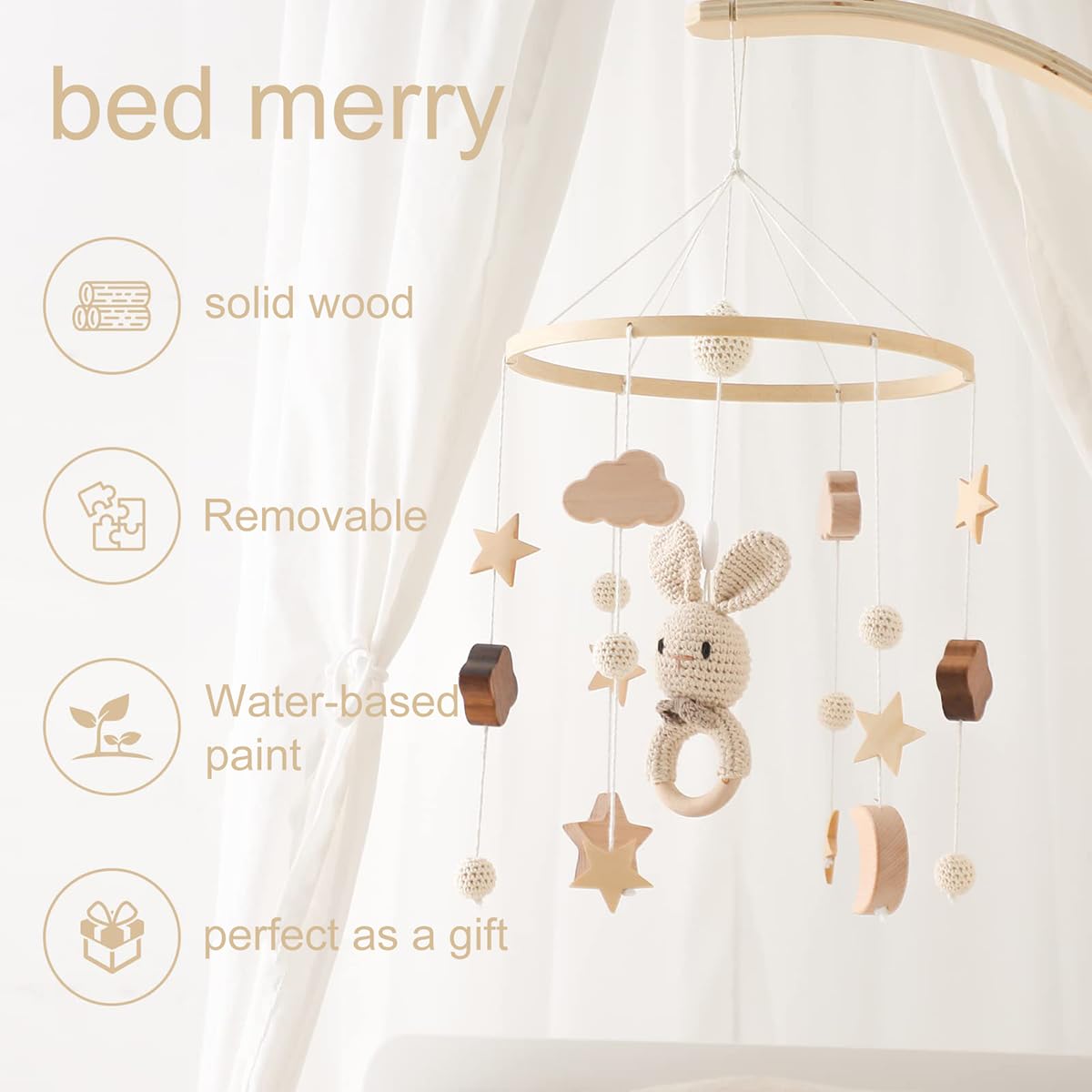 Amazon | ベッドメリー ベビー モービル 木製アーム 吊り下げ式