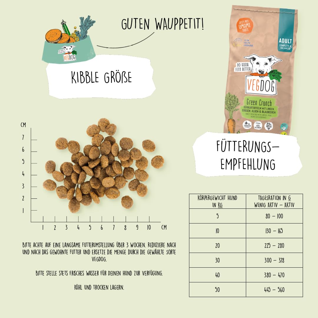 VEGDOG Green Crunch hypoallergenes Trockenfutter (10 kg) | Adulte Hunde | ohne Gluten, Getreide und Soja | Alleinfutter für Allergiker mit Erbsenprotein