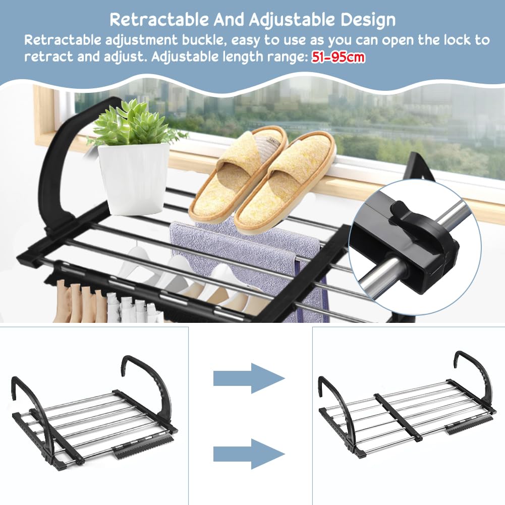 REFORUNG Stendibiancheria da Balcone Estensibile 51-95cm Stendino da Balcone Allungabile Stendibiancheria da Balcone in Acciaio Inox Stendino da Appendere al Balcone per Uso Interno ed Esterno