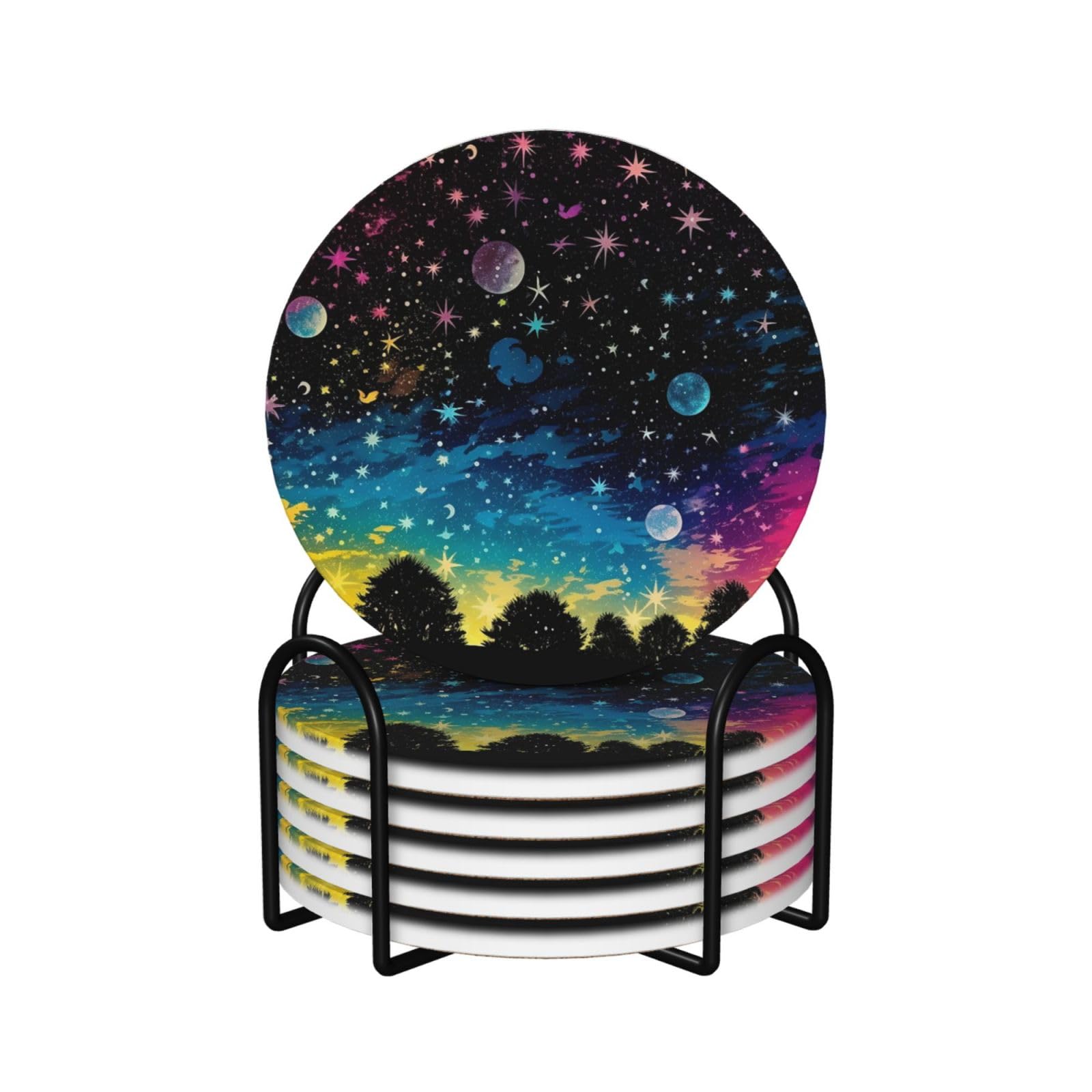 Dessous de verre ronds absorbants en céramique avec support lot de 6 ciel étoilé
