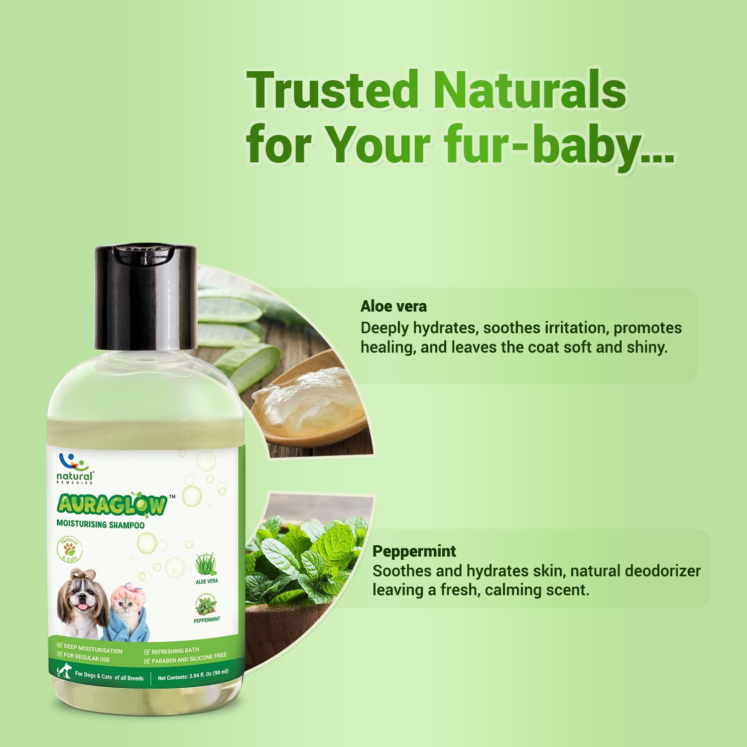 Natural Remedies Aura Glow Moisturizing Shampoo for Dogs, Cats & Pups of All Breeds, Softness and Bounce, Aloe Vera & Peppermint Infused, Long-Lasting Hydration, Moisturizing & Conditioning - 90 ml 3