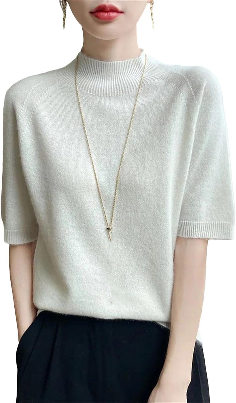 Women's Short Sleeve Mock Neck Sweater Wool Knit Top Basic Pullover Casual Tee for Summer Clothing