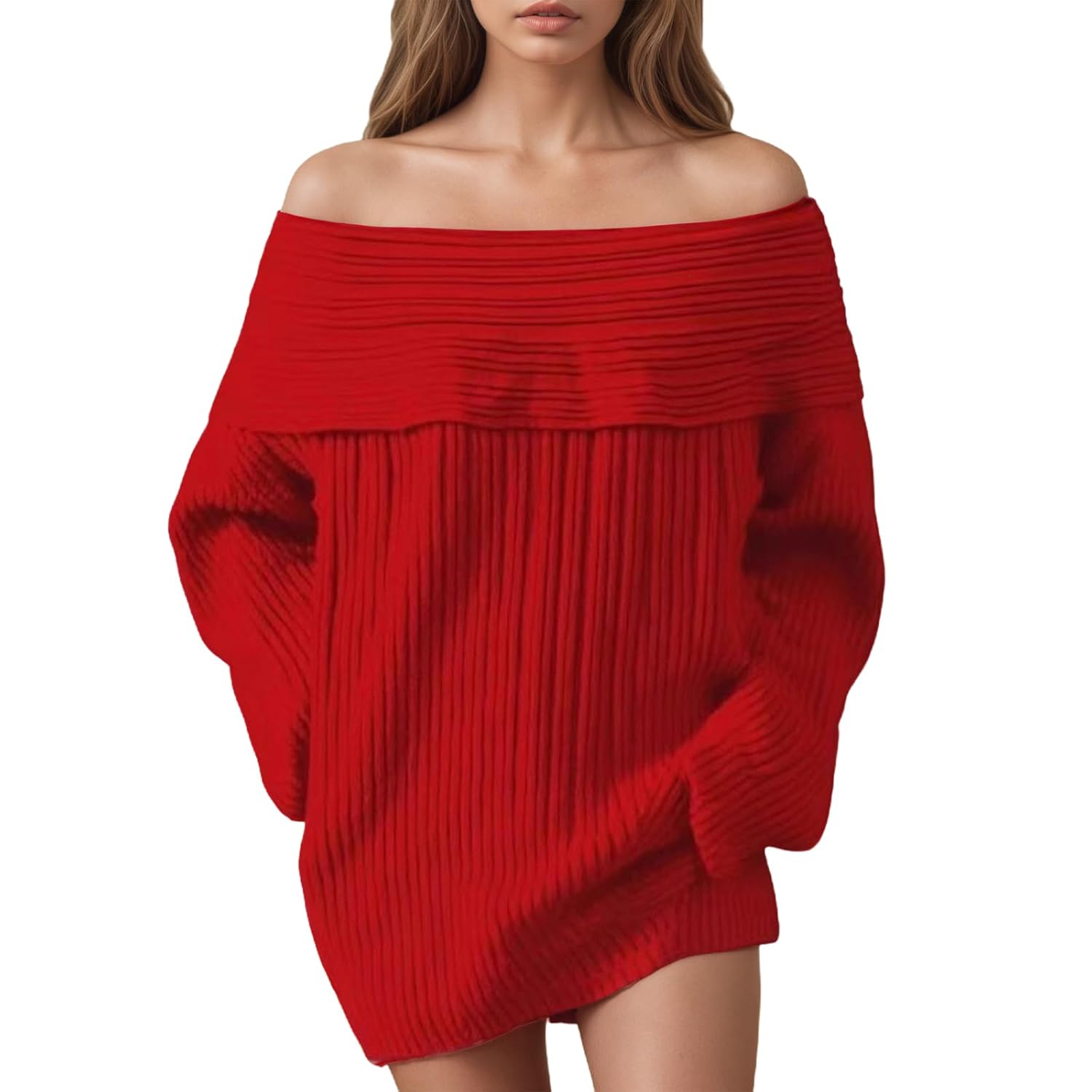 Womens Off The Shoulder Sweater Long Sleeve Ribbed Solid Color Oversized Fall Winter Cable Knit Foldover Sweater