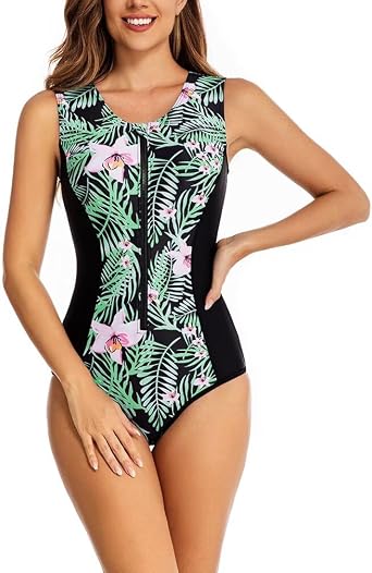 Womens Sleeveless Swimsuit One Piece Zip Front Rash Guard Athletic Surfing Bathing Suit Swimwear UPF 50+