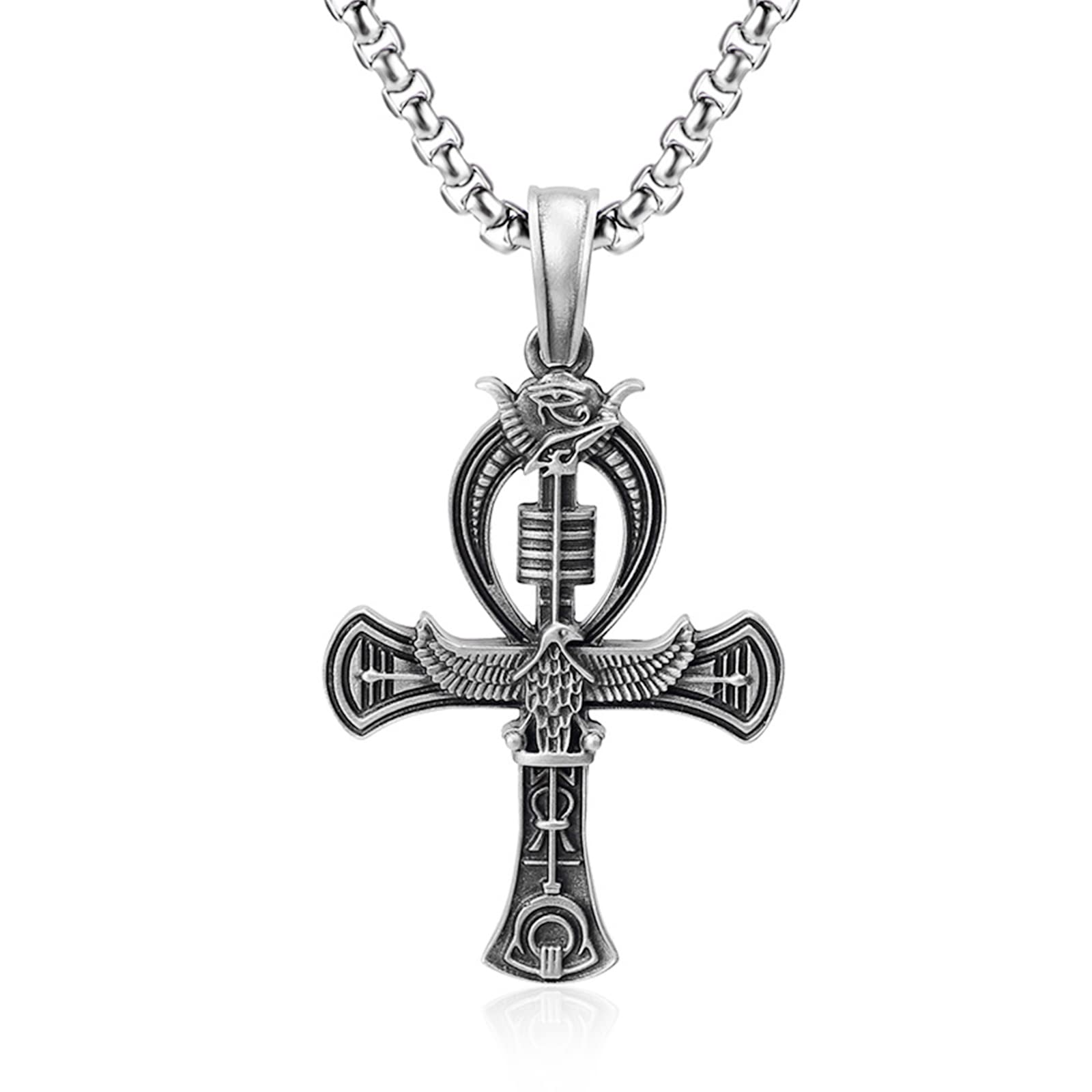 JZCOLOR Coptic Ankh Pendant Necklace for Men: Eye of Horus Necklace Key of Life Pendant Amulet Protection Jewelry Gift for Women, Stainless Steel, No Gemstone
