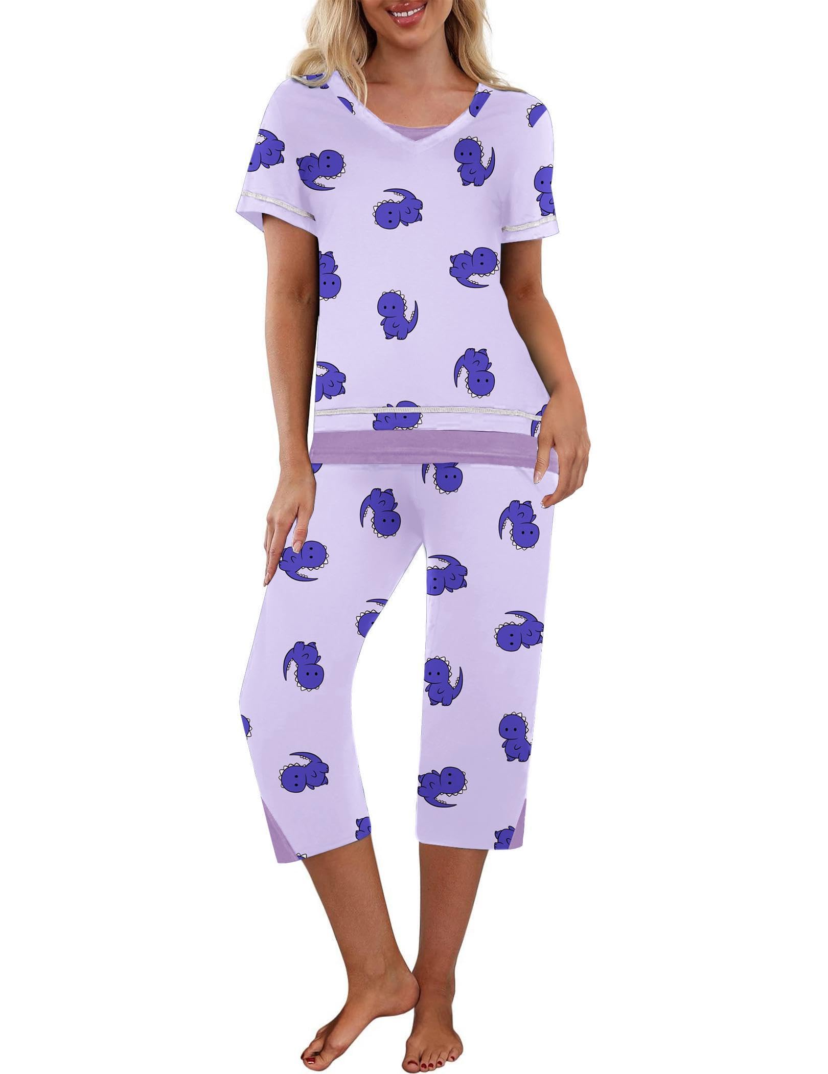 Ekouaer Capri Pajama Sets for Women Short Sleeve Tops Sleepwear Sleep Sets Pjs Sets Soft Two Piece Loungewear Sets