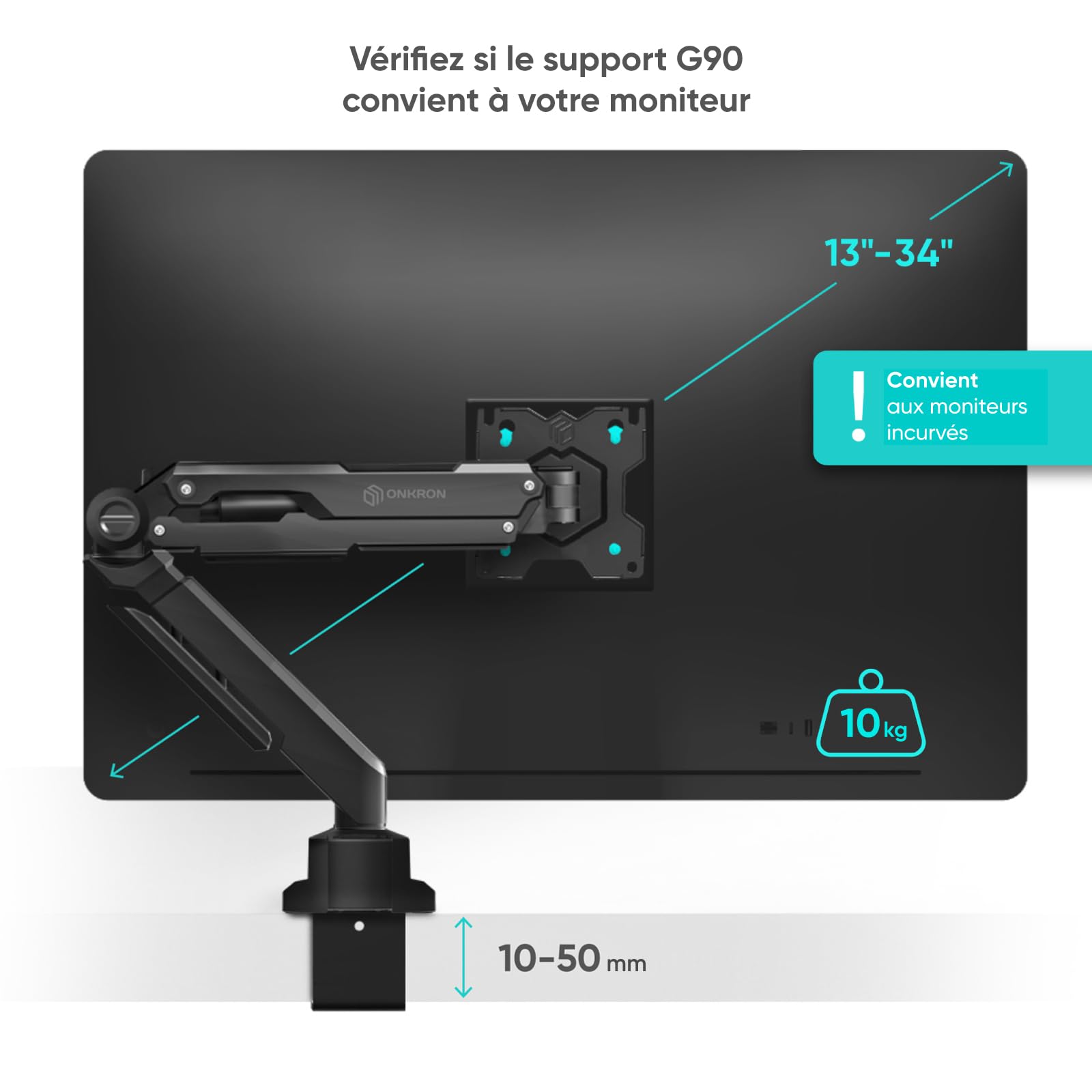 ONKRON Bras Ecran PC 13-34 Pouces 10 kg VESA 75x75 100x100 Support Articulé Ressort à Gaz Noir G90-B