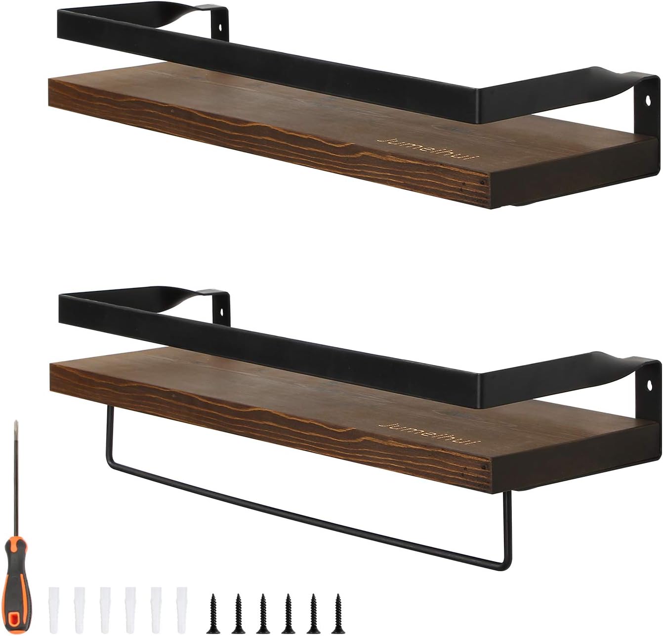 JUMEIHUI Floating Shelves Wall Mounted Set of 2, Rustic Wood Wall Storage Shelves for Bathroom, Bedroom, Kitchen, Living Room and More (Detachable Towel Rack)