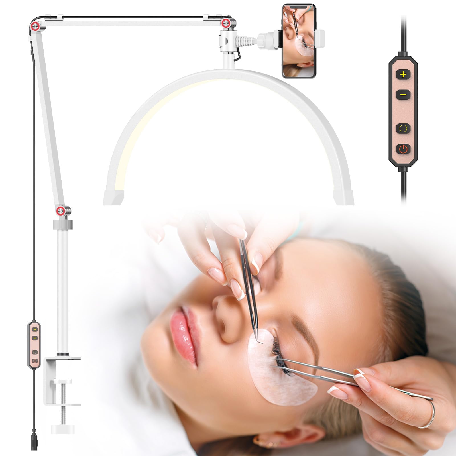 Beautycity LED Lash Tech Light for Eyelash Extensions, Clip-On Lash Lamp with Phone Holder, Ideal for Makeup, Nail, Facial, and Tattoo - Adjustable Brightness & Color Temperature 3000K-6000K