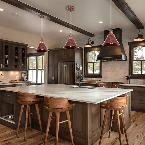 Miniatura 3 de Lingkai Lámpara colgante de granja con pantalla de cono rústico, lámpara de techo colgante con acabado vintage pintado antiguo, luz pequeña