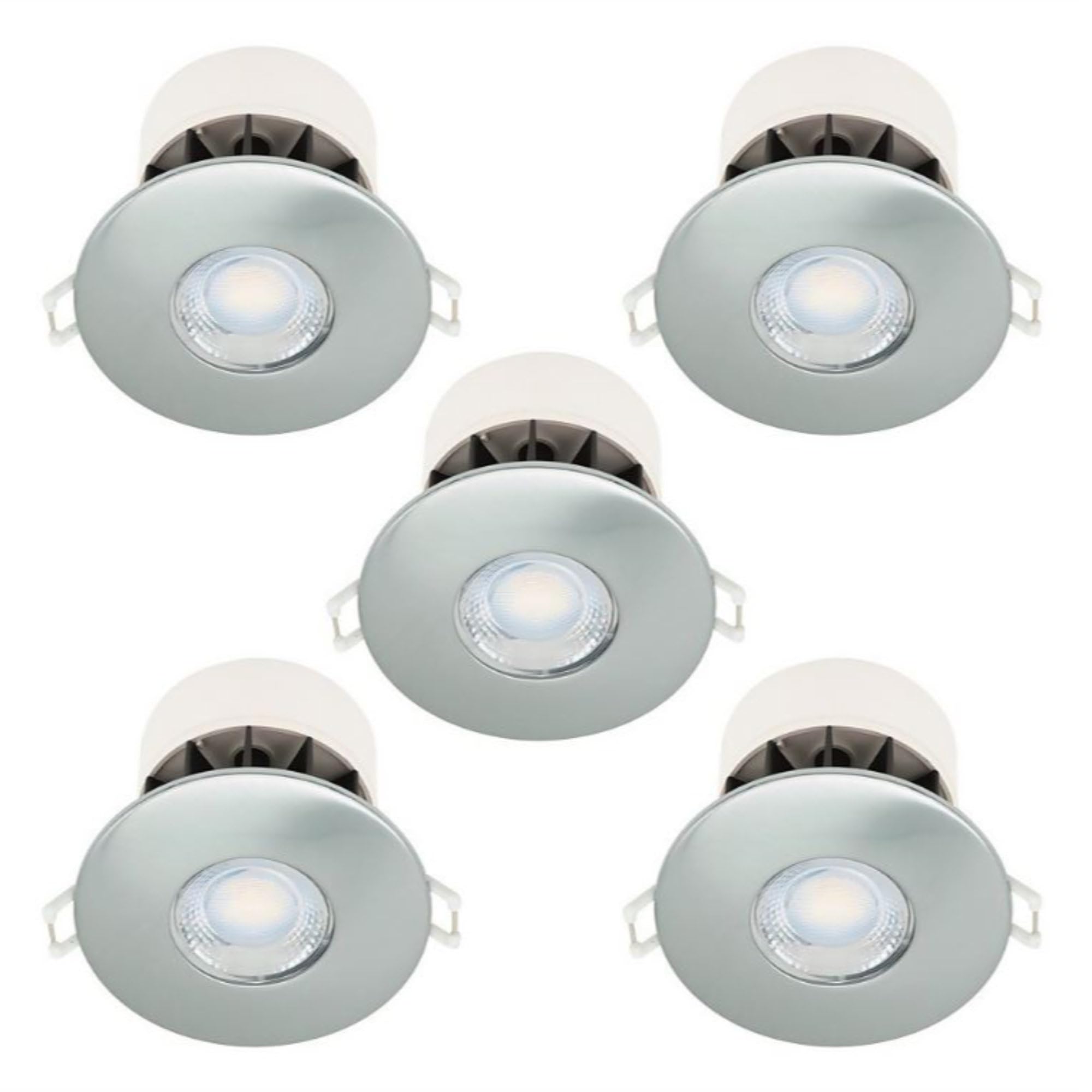 Firstchoicelighting Brushed Chrome Set Of 5 Brushed Steel 8W Led Fire Rated Recessed Downlights, Ip65 Bathroom Kitchen Ceiling Spots, Dimmable 4000K Integrated