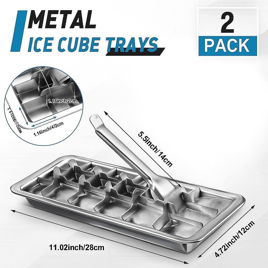 2 Pack Stainless Steel Ice Cube Trays with Lever Tweezers and Finger Guards 18-Cube Metal Ice Trays, Non Toxic, Plastic Free，Heavy Duty for Whiskey, Cocktails, Freezer