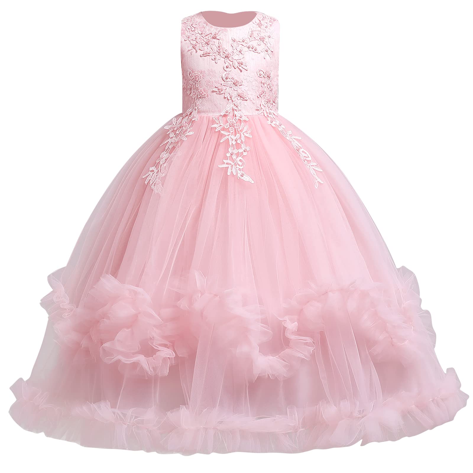 IDOPIP Bambini Ragazze senza Maniche Pizzo Ricamo Matrimonio Damigella d'onore Principessa Strati Tulle Abiti da festa Festa Prom Dress