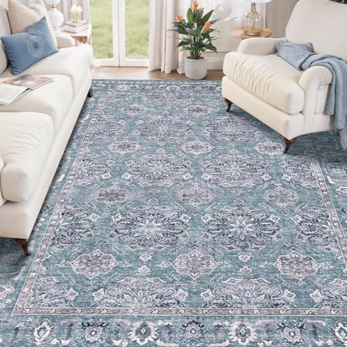 SERISSA Boho Area Rug 5x7 Blue Grey, Washable Large Rugs for Living Room, Ultra Soft Non-Slip Bedroom Rug Print Distressed Vintage Floral Carpet Rug for Dining Room Dorm Office Home Decor