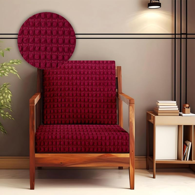 Cortina Polyester Soft Bubble Stretchable Solid Sofa Slipcovers, Wooden Sofa Seat Cover, Sofa Back Cushion Covers - Maroon, Pack of 10-image-23