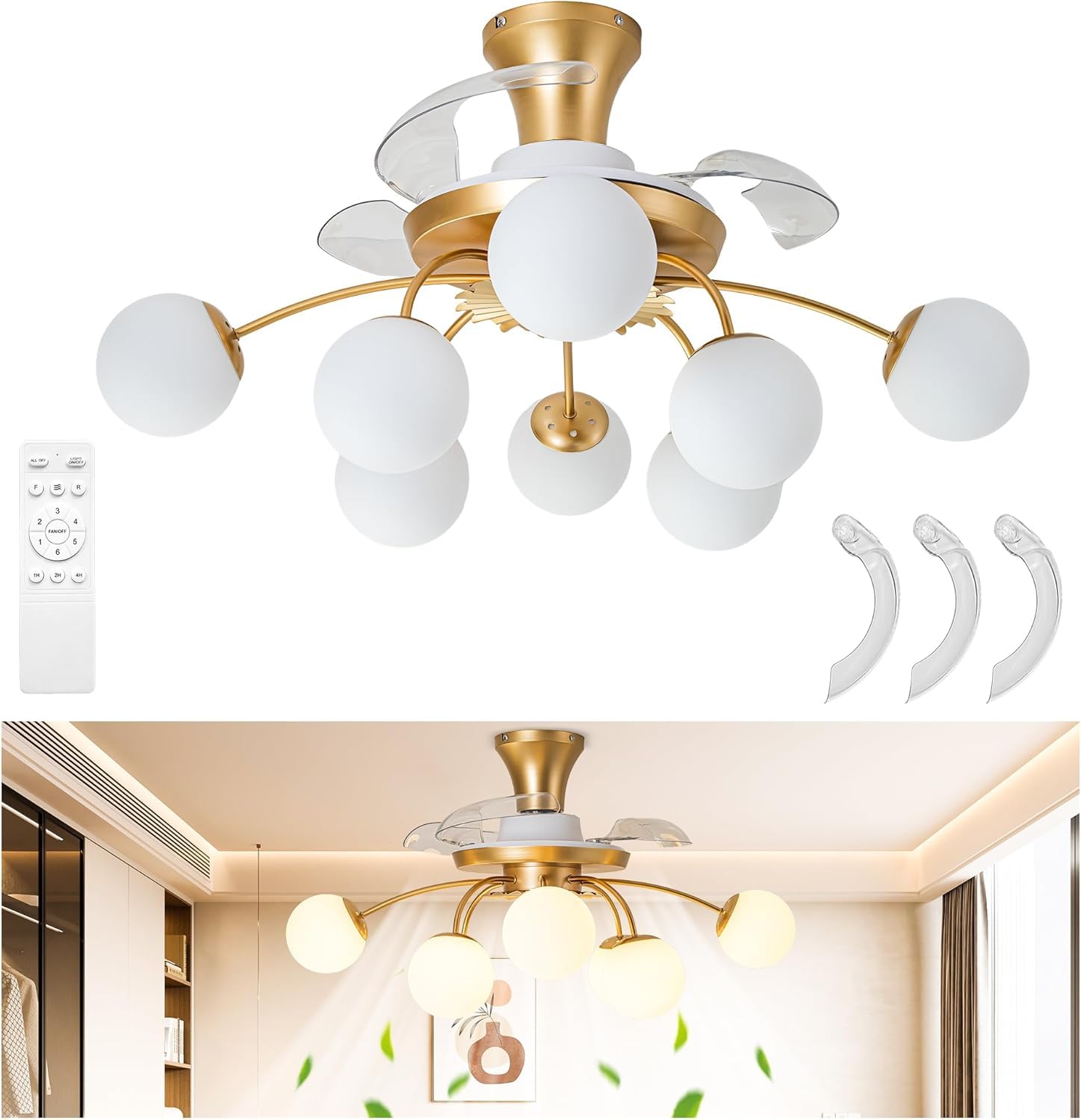 LYMSXAZOU 8-Light Mid Century Ceiling Fan with Lights Gold and White Fandelier Glass Bubble Chandeliers 3 Retractable Bladeless Remote Blossom Chandelier Low Profile 6 Speeds for Bedroom Living Room