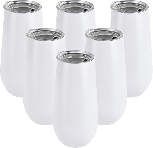 Lifecapido Paquete de 6 vasos de champán con doble aislamiento sin tallo con tapa, 6 onzas irrompibles, reutilizables, para cócteles, champán, para