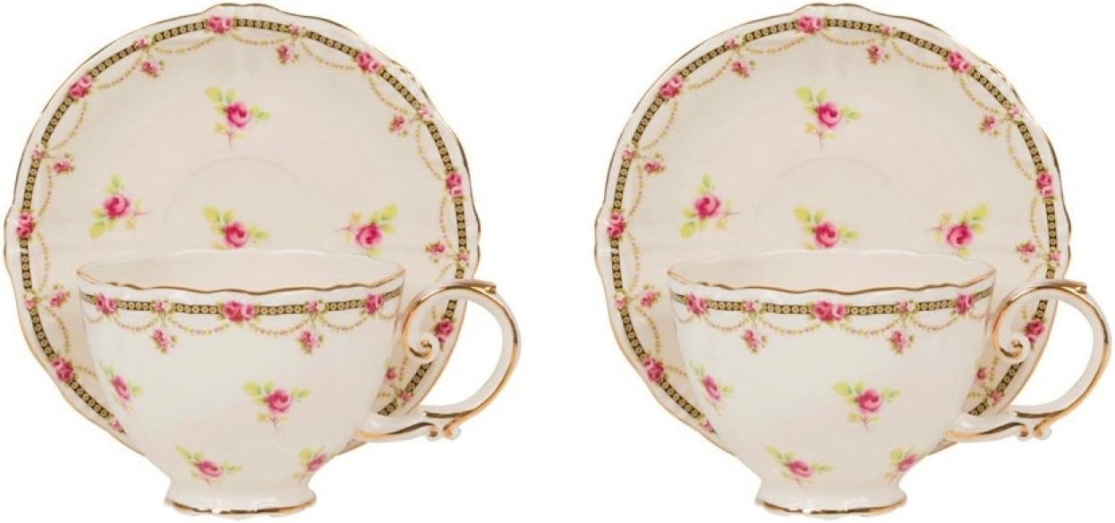 Gracie China by Coastline Imports Tea Cup and Saucer, Pink Petite Fleur with Gold Trim, Gift Boxed, 7-Ounce, Set of 2