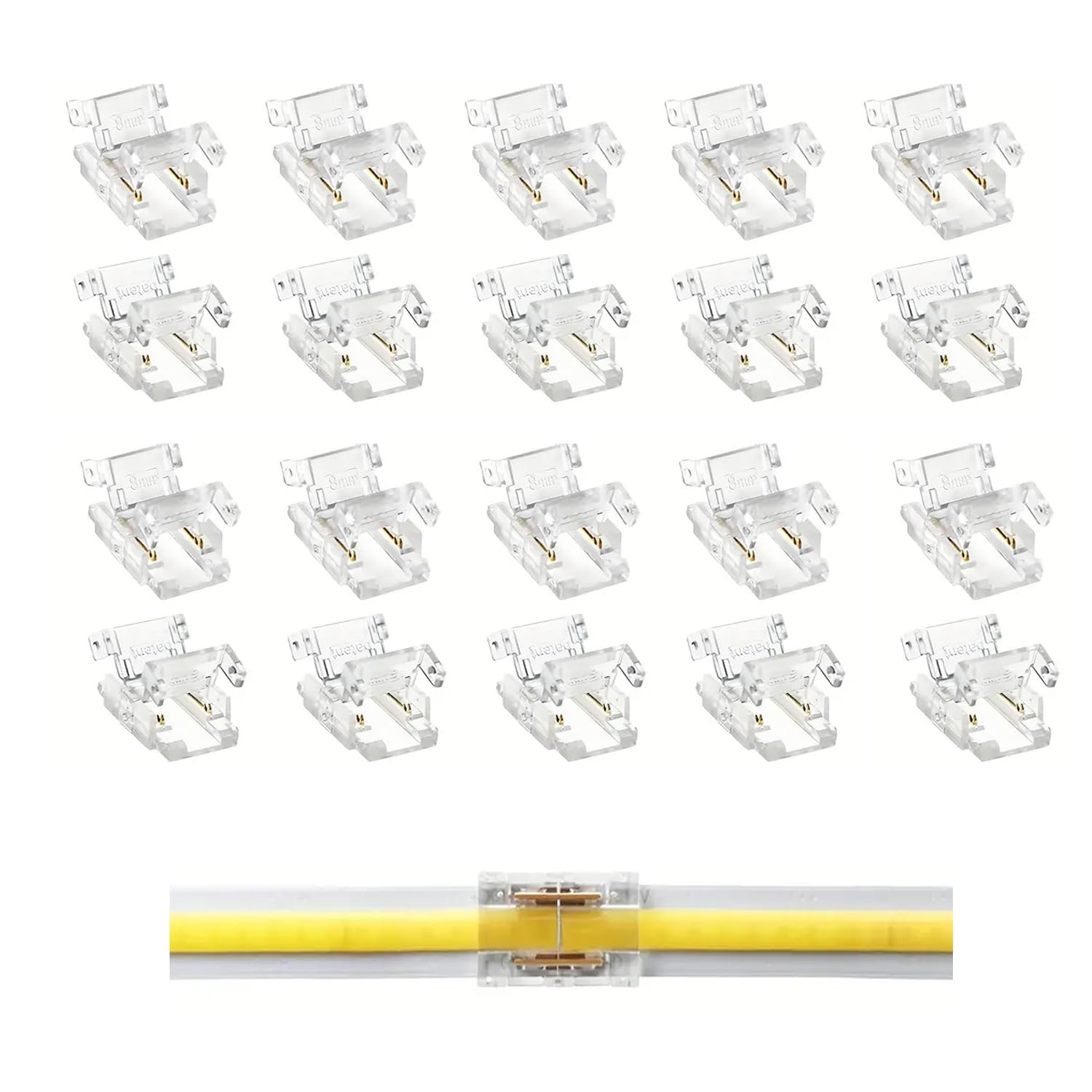 TOKERU LED Strip Connector, 20 Pack, 8mm, 2-Pin (Strip to Strip (COB), 8mm, Transparent