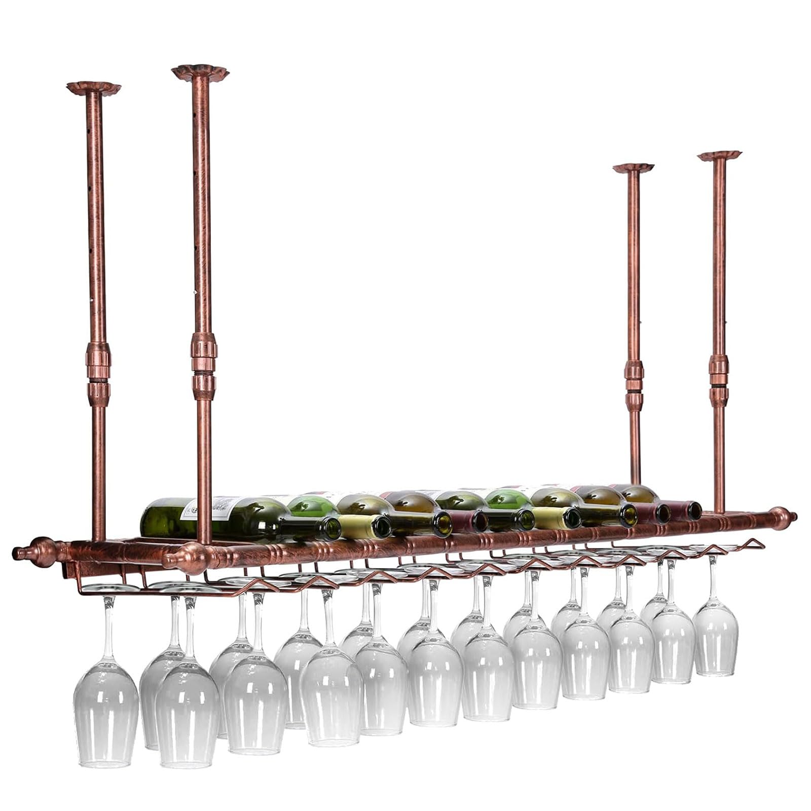 Étagère à vin murale réglable en métal avec design empilable, support de verres à pied et fonction réglable en hauteur, porte-bouteilles élégant à suspendre au plafond ou au mur (60 x 30 cm)