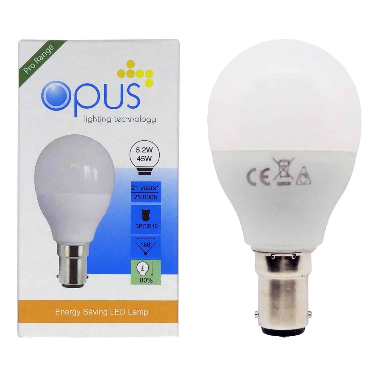 Opus Lighting Technology Warm White Opus 5.2Watt Golfball Led Sbc B15 Small Bayonet Cap Equivalent To 40Watt Dimmable