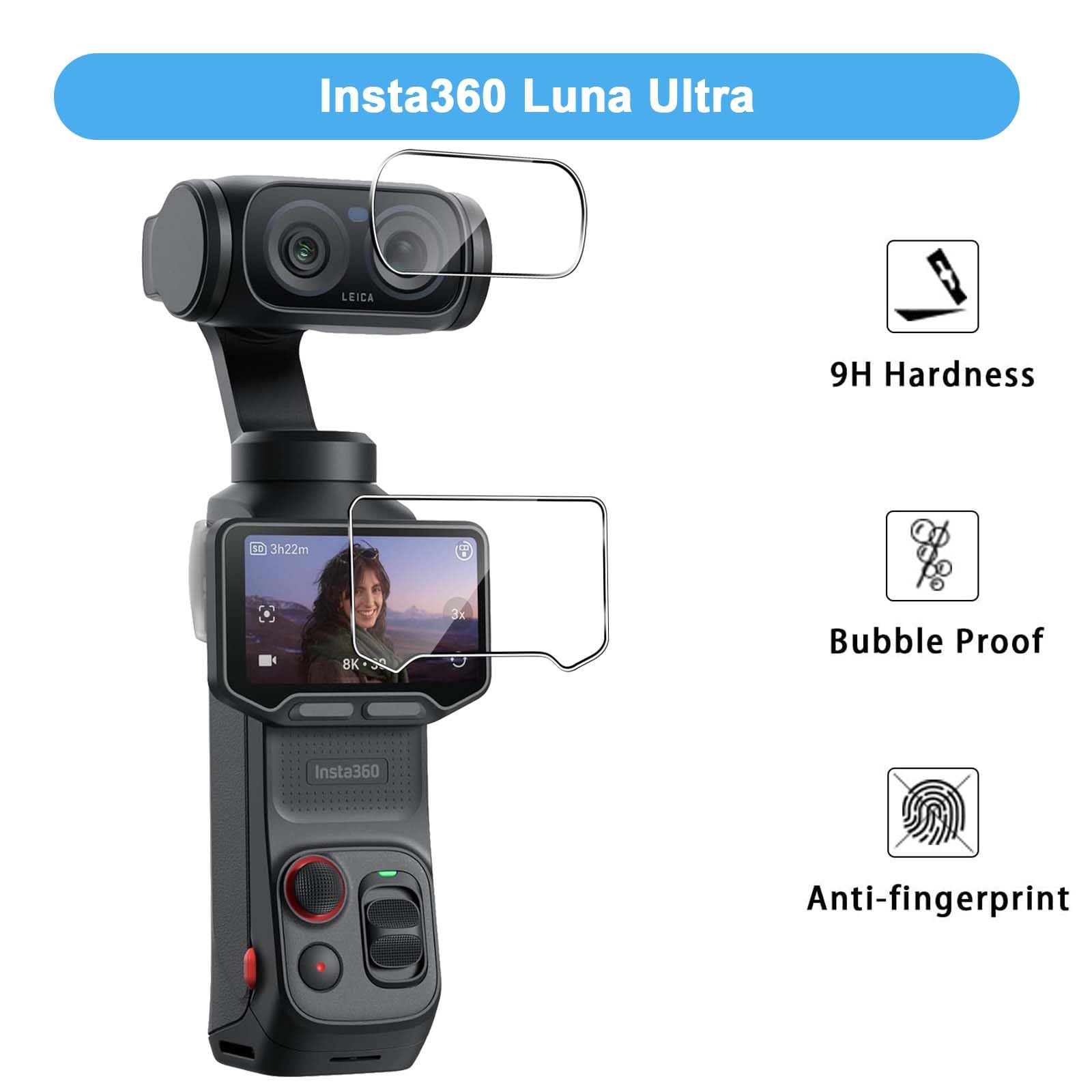 QULLOO Folia ochronna do Insta360 Luna Ultra do szkła pancernego, 3 sztuki folii ochronnej na wyświetlacz z 3 sztukami ochrony aparatu, szkło hartowane o twardości 9H, szkło hartowane HD przezroczyste