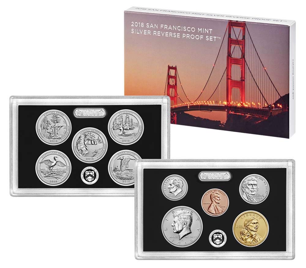 2018 S 10-Coin Silver Reverse Proof Set with Penny, Nickel, Dime, 5-ATB Quarters, Half and Dollar Be