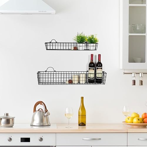 Miniatura 3 de MyGift Cestas de alambre de 2 piezas de 30 pulgadas para almacenamiento y organización, estantes de exhibición de metal montados en la pared negros